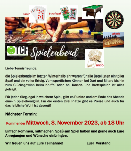 SPIELEABEND am Mittwoch 8. November